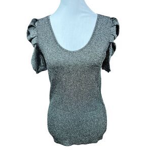 INC International Concepts Top Scoop Neck Black Metallic Puff Sleeves Stretch XL